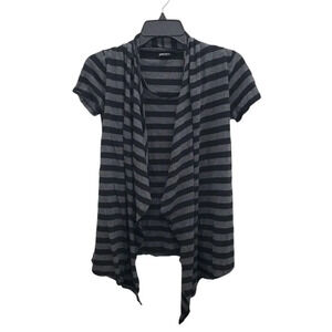 DKNY Women's Black Gray Stripe Short Sleeve Scoop Neck 2-Fer Cardigan Top Size P